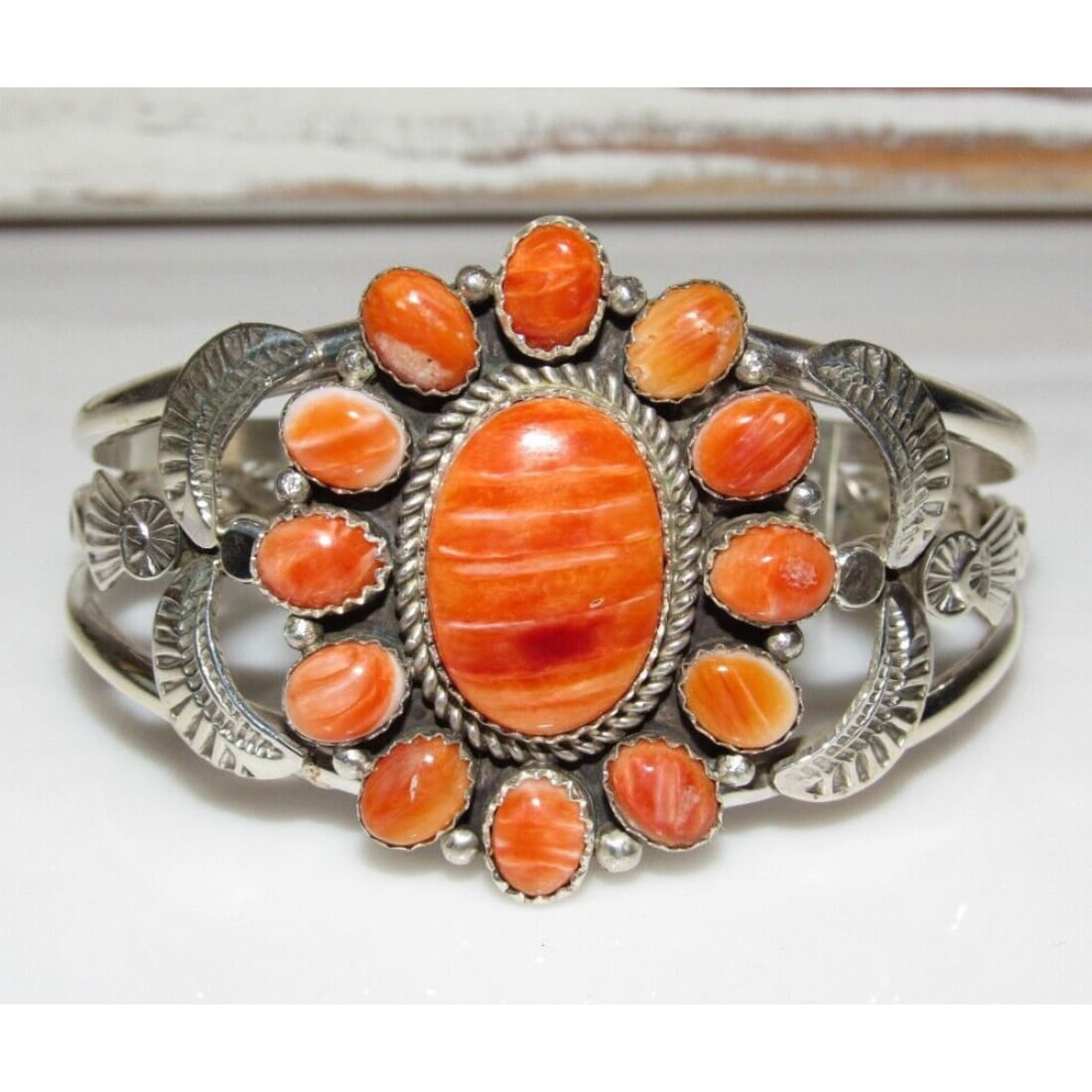 Navajo Orange Spiny Cluster Cuff Bracelet Stering Silver Art