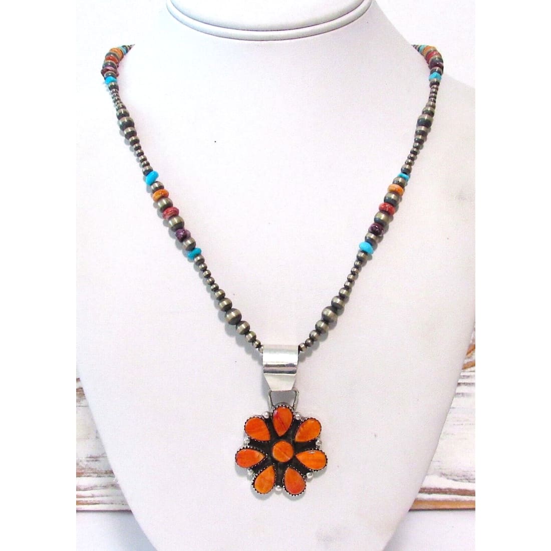 Navajo Orange Spiny Cluster Necklace on Navajo Pearls