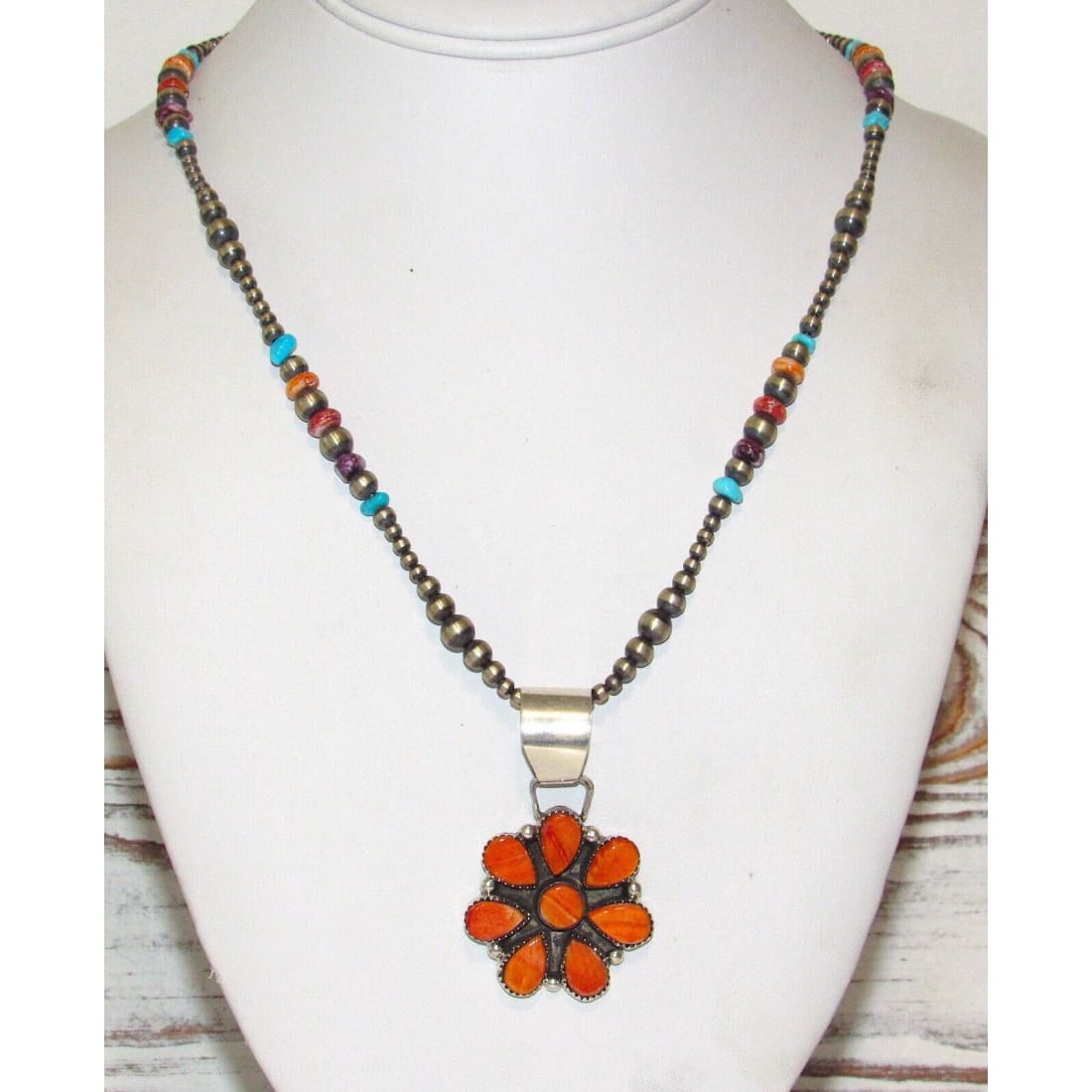 Navajo Orange Spiny Cluster Necklace on Navajo Pearls