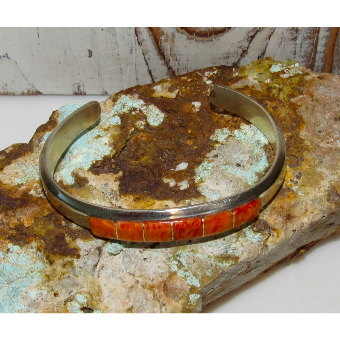 Navajo Orange Spiny Inlay Stacker Cuff Bracelet Sterling