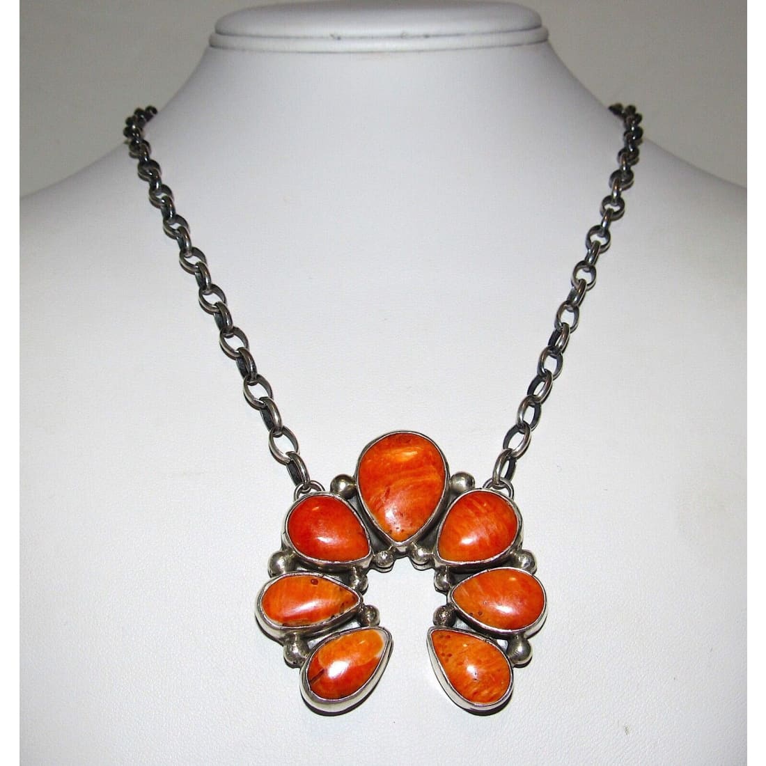 Navajo Orange Spiny Naja Necklace Squash Blossom Sterling