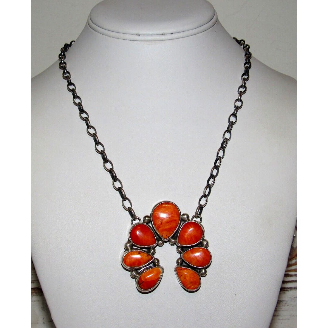 Navajo Orange Spiny Naja Necklace Squash Blossom Sterling