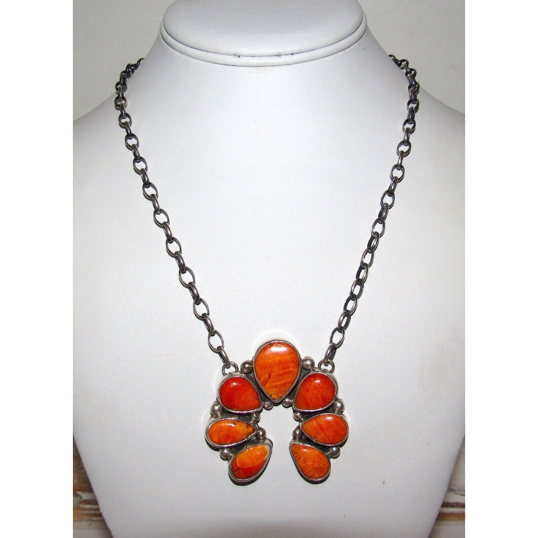 Navajo Orange Spiny Naja Necklace Squash Blossom Sterling
