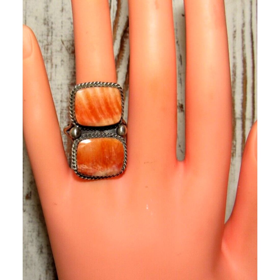 Navajo Orange Spiny Oyster Ring Sz 8.5 Sterling Silver