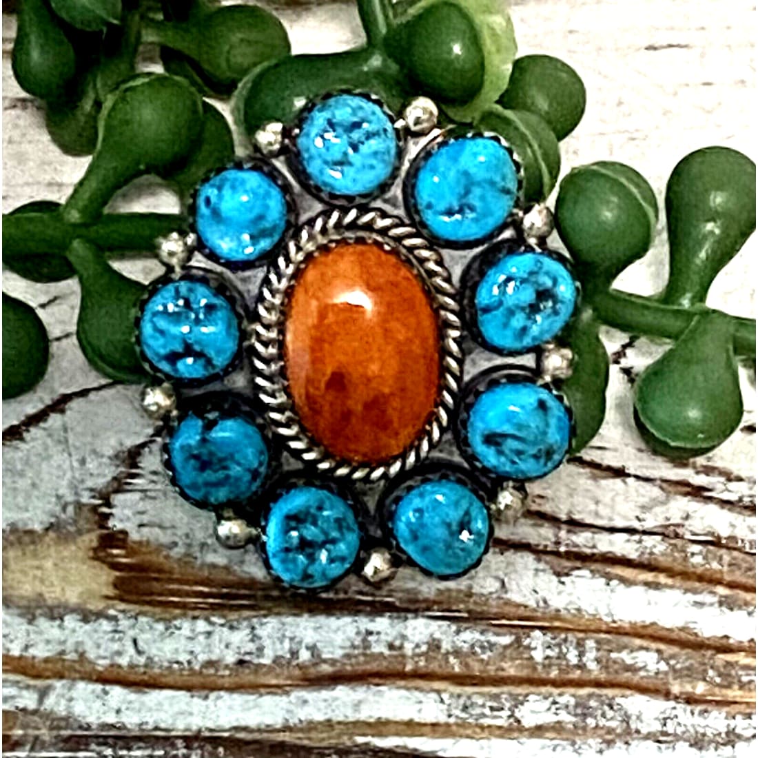 Navajo Orange Spiny Turquoise Cluster Ring Sz 8 Sterling