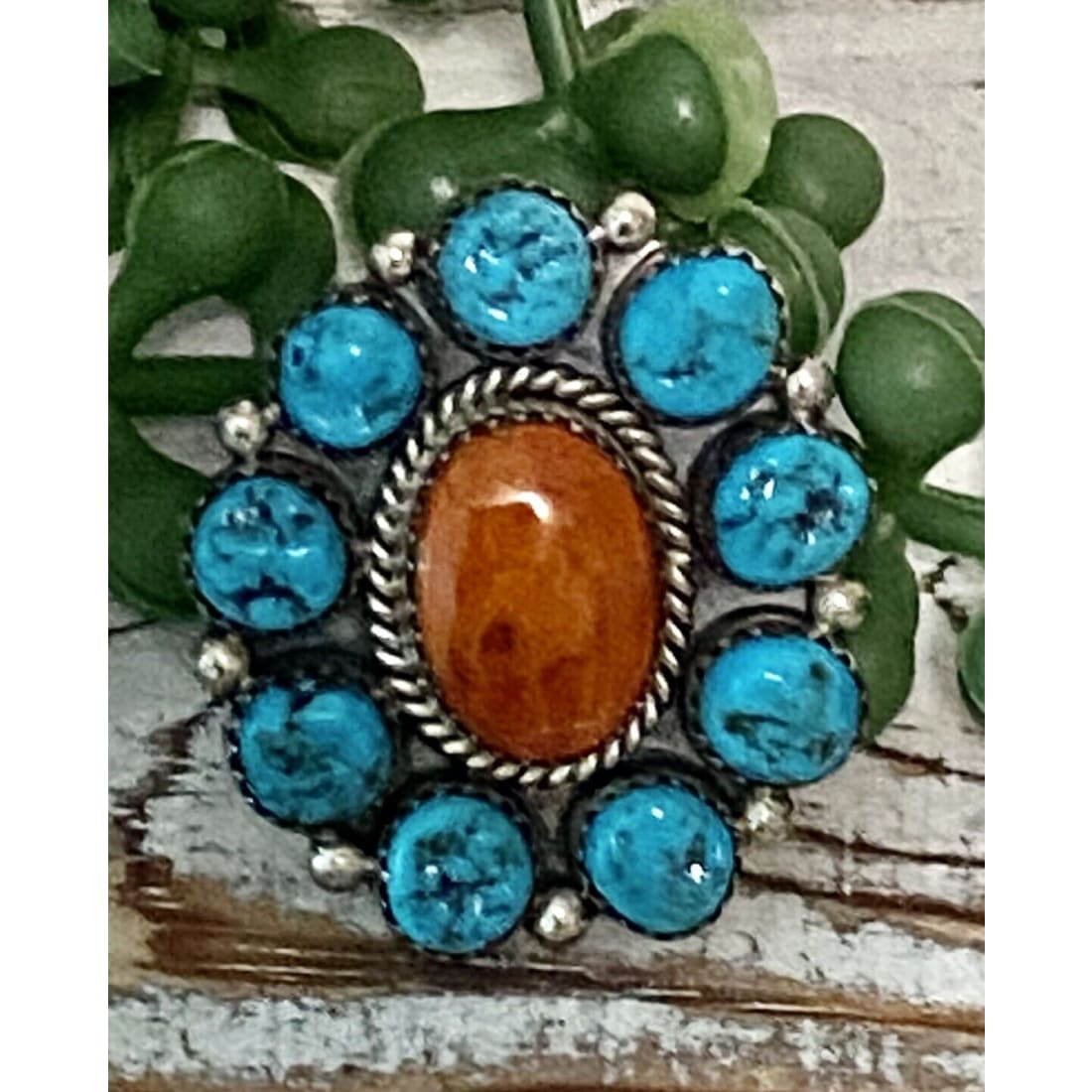 Navajo Orange Spiny Turquoise Cluster Ring Sz 8 Sterling