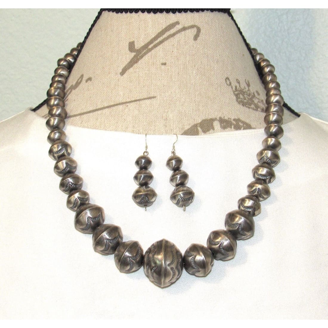 Navajo Pearls Hand Stamped Necklace & Earrings Set Sterling