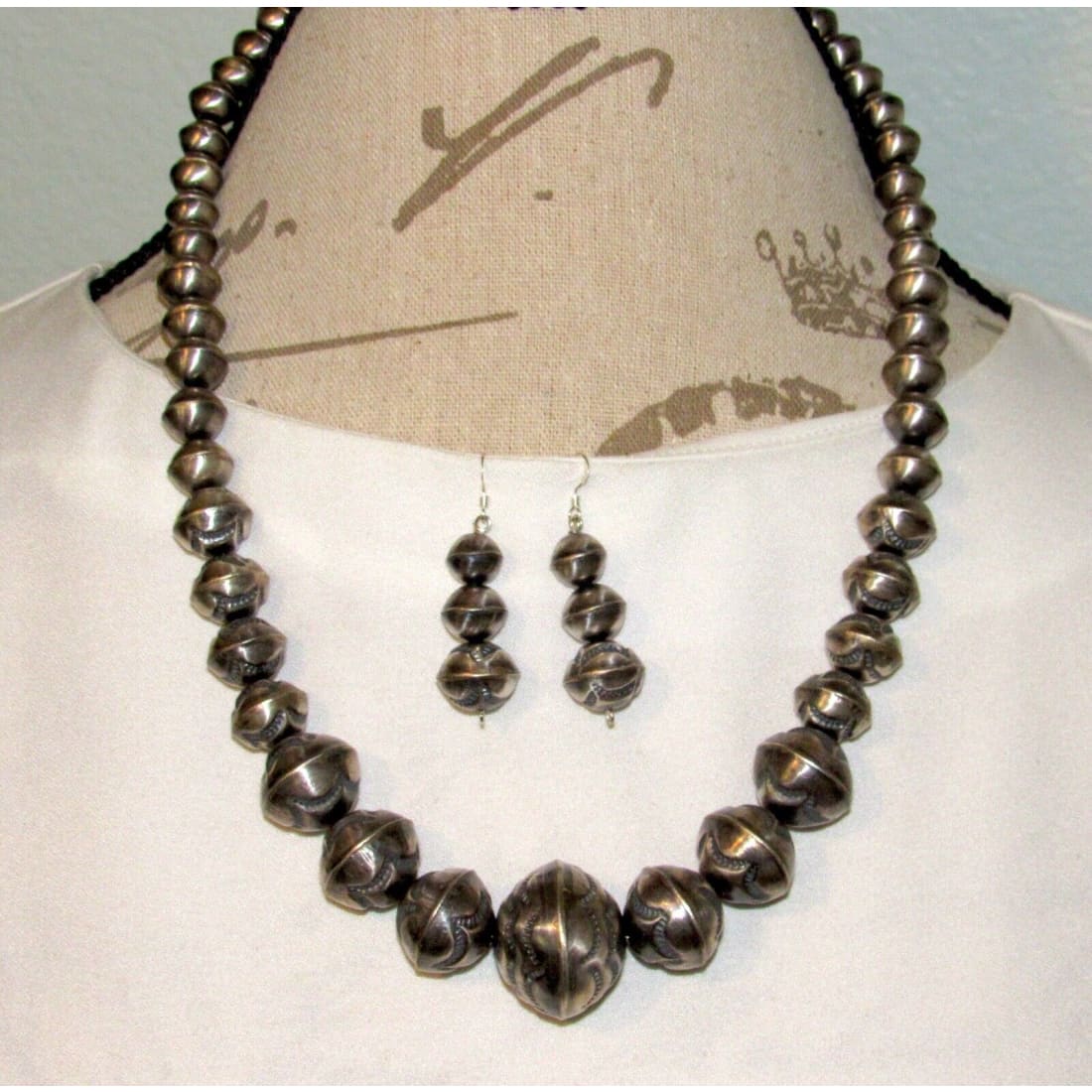 Navajo Pearls Hand Stamped Necklace & Earrings Set Sterling