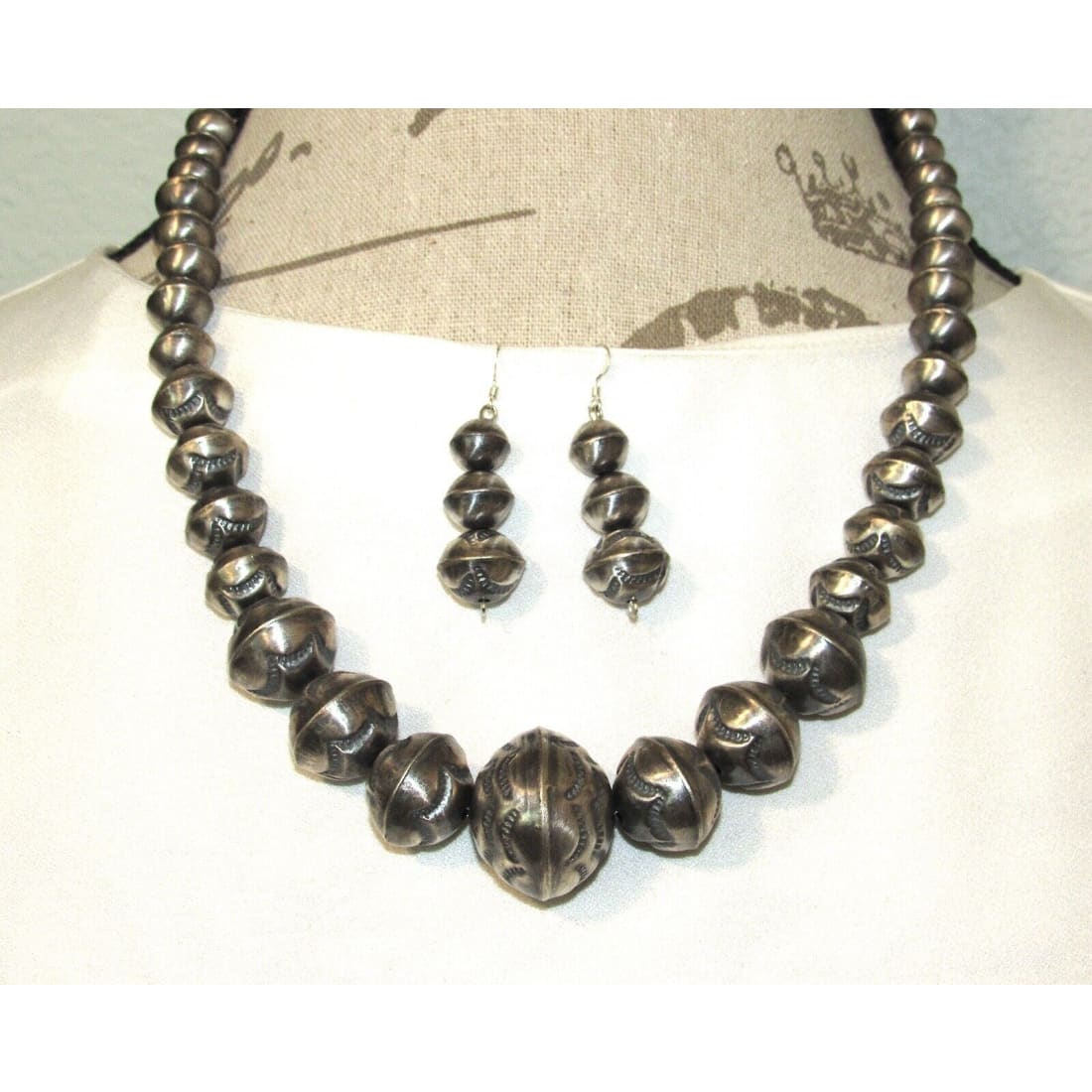 Navajo Pearls Hand Stamped Necklace & Earrings Set Sterling