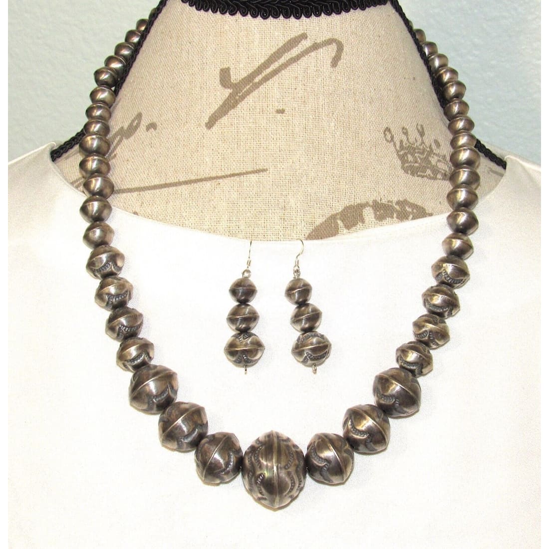 Navajo Pearls Hand Stamped Necklace & Earrings Set Sterling