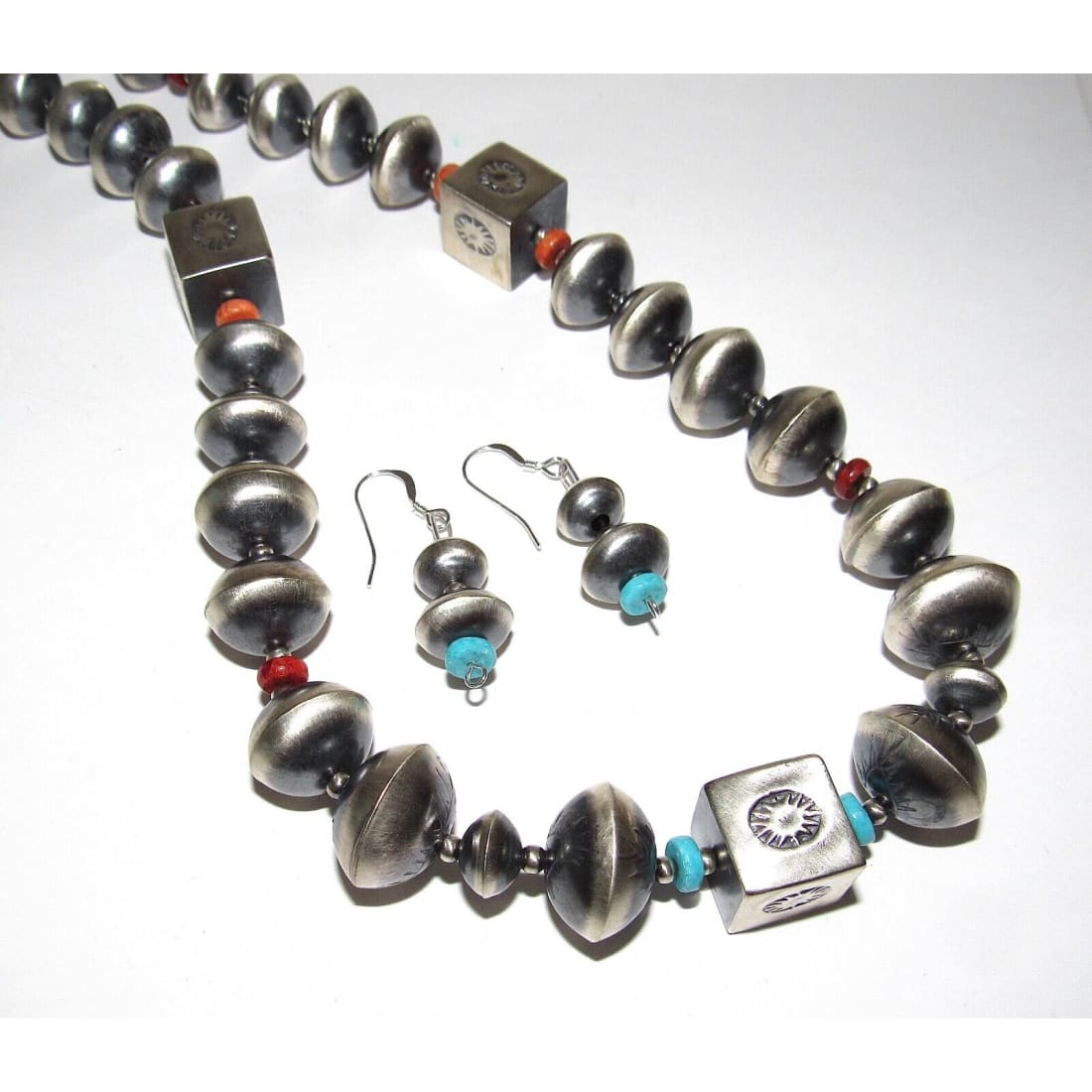 Navajo Pearls Necklace Earrings set sterling silver