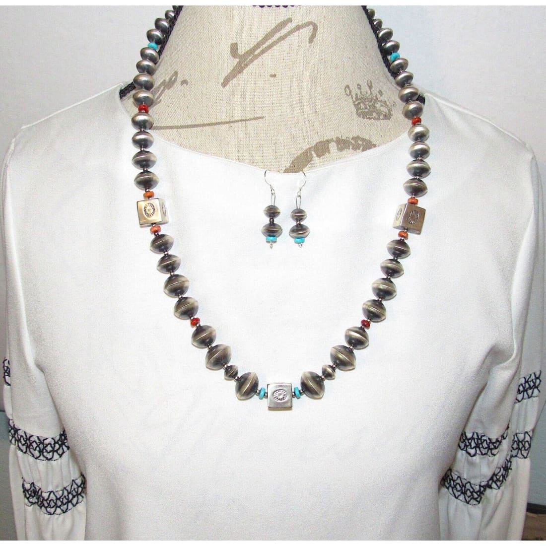 Navajo Pearls Necklace Earrings set sterling silver