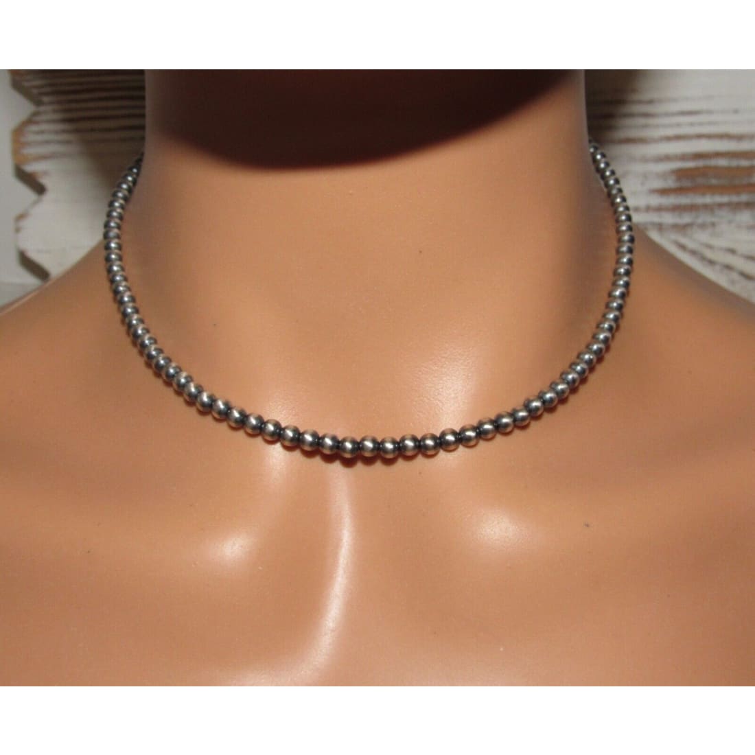 Navajo Pearls Necklace Sterling Silver 4mm Beads Necklace
