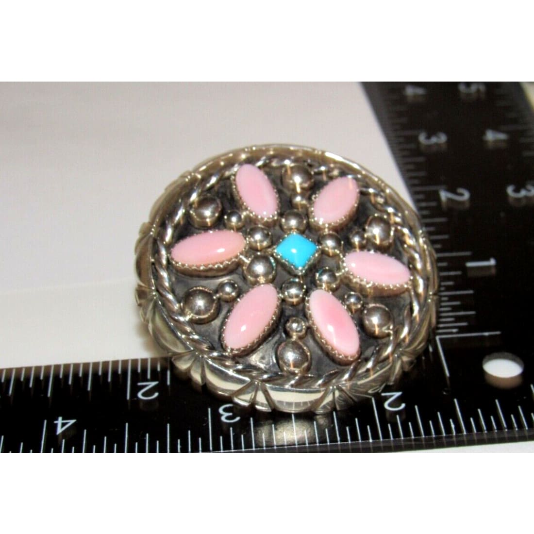 Navajo Pink Conch 7 Turquoise Cluster Ring Size 5 Sterling