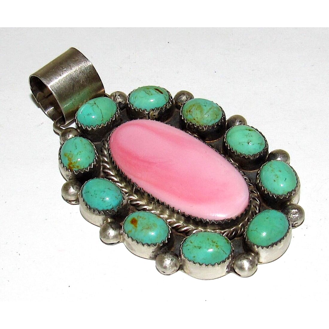 Massive Navajo Cluster Pendant Pink Conch Royston Turquoise