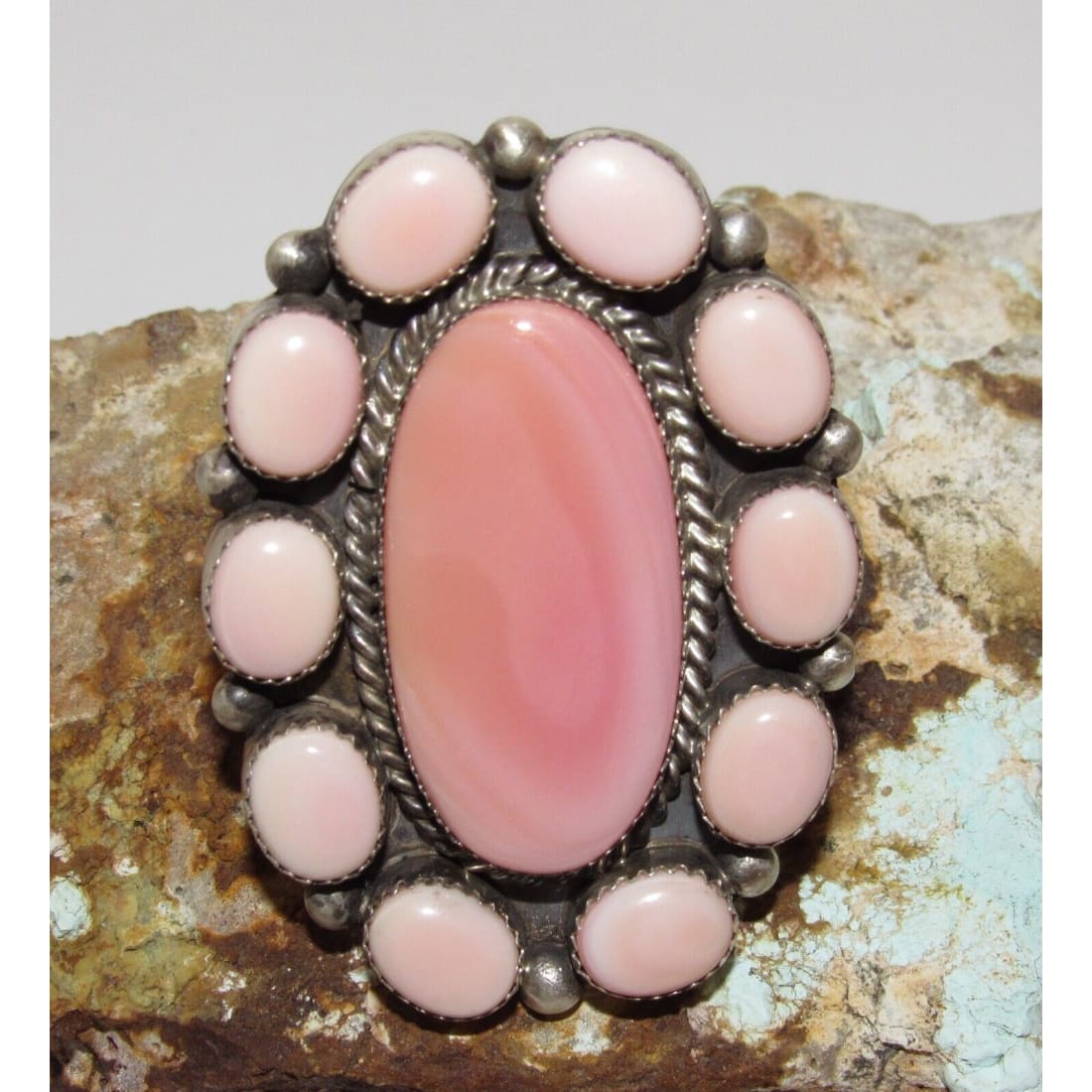 Navajo Pink Conch Cluster Ring Size 9 Adjustable Sterling
