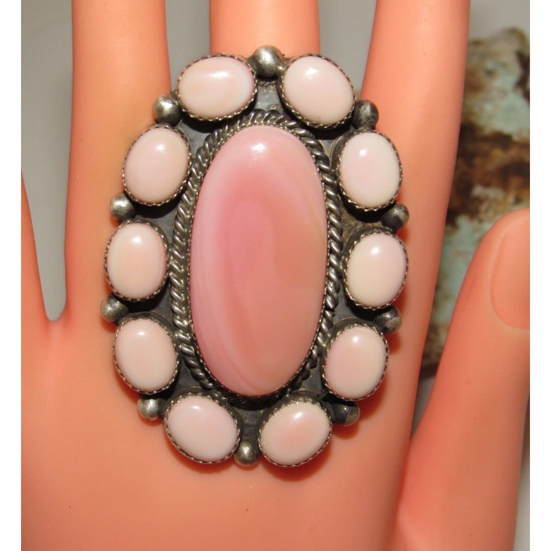 Navajo Pink Conch Cluster Ring Size 9 Adjustable Sterling