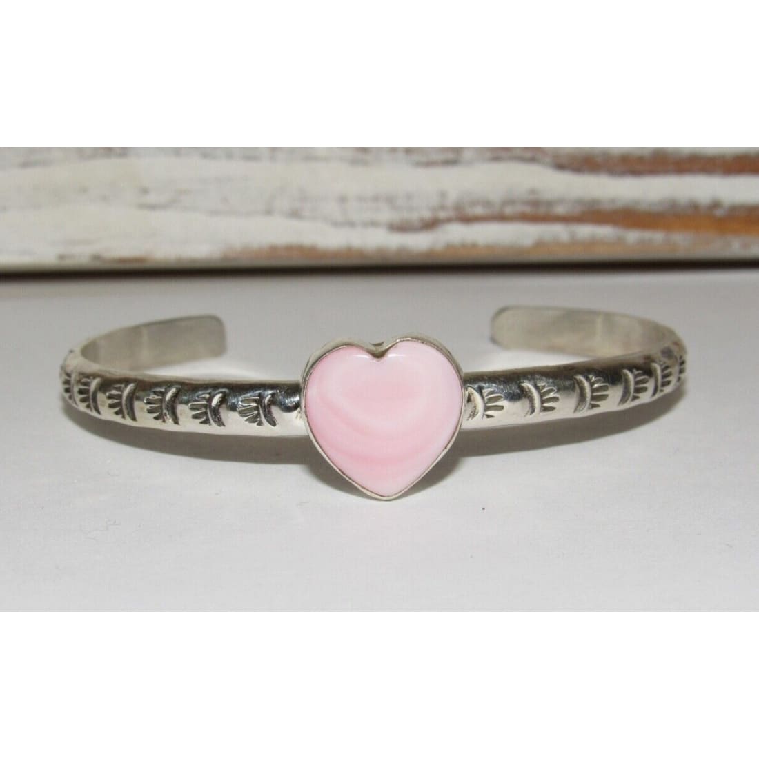 Navajo Pink Conch Heart Bracelet Stacker Sterling Silver