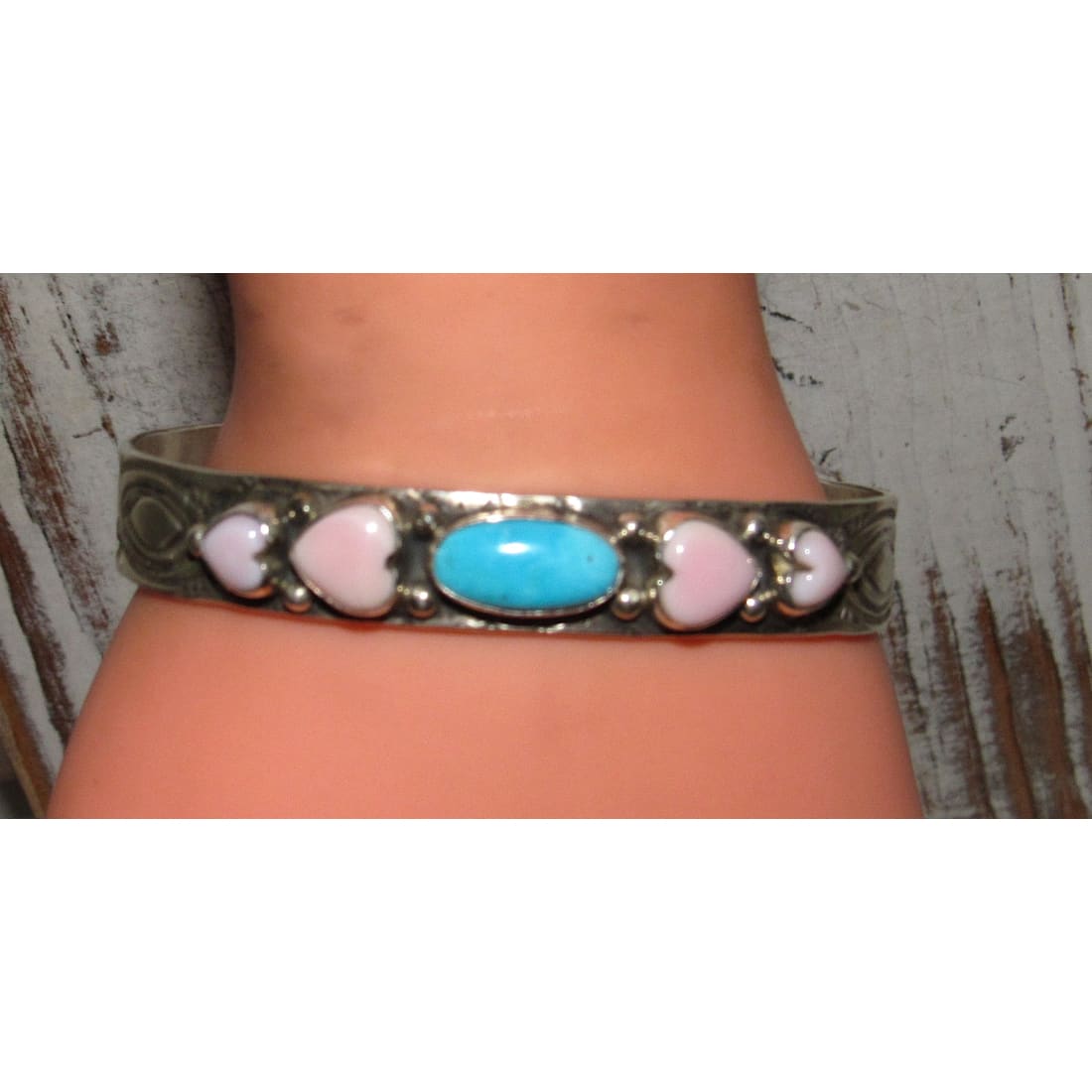 Navajo Pink Conch Hearts & Turquoise Bracelet Stacker