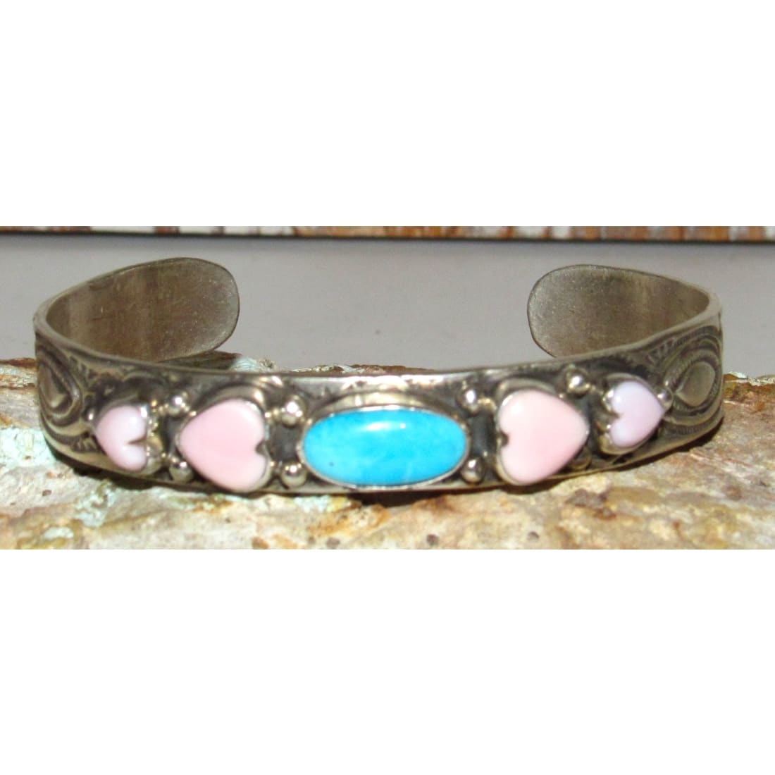 Navajo Pink Conch Hearts & Turquoise Bracelet Stacker