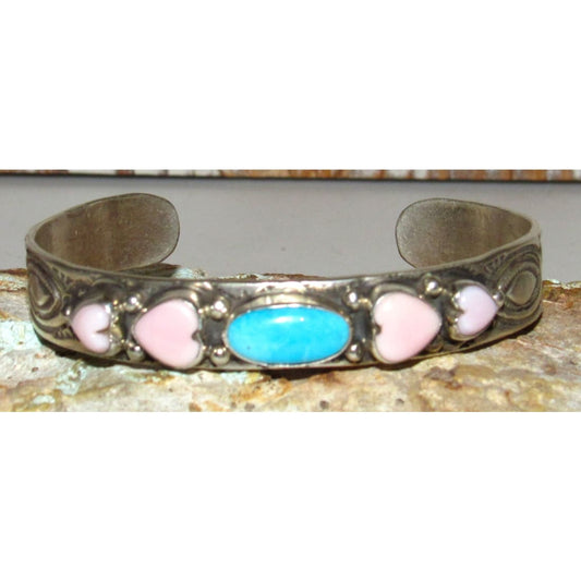 Navajo Pink Conch Hearts & Turquoise Bracelet Stacker