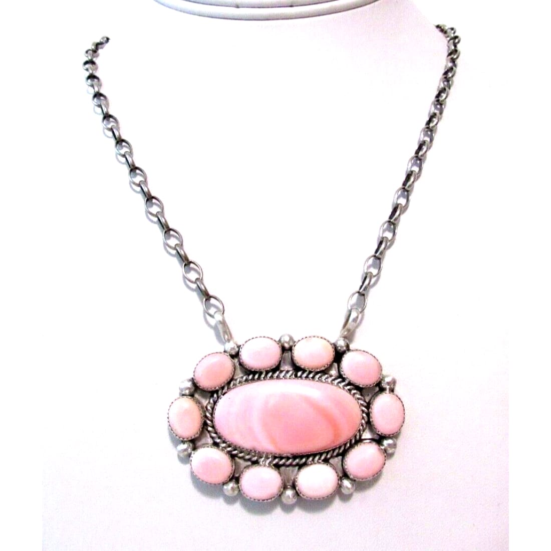 Navajo Pink Conch Shell Cluster Bar Necklace Sterling Silver