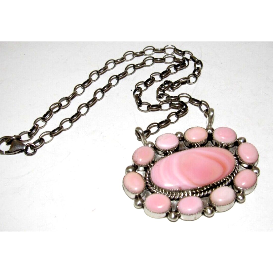 Navajo Pink Conch Shell Cluster Bar Necklace Sterling Silver
