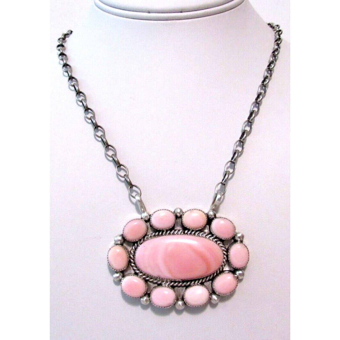 Navajo Pink Conch Shell Cluster Bar Necklace Sterling Silver