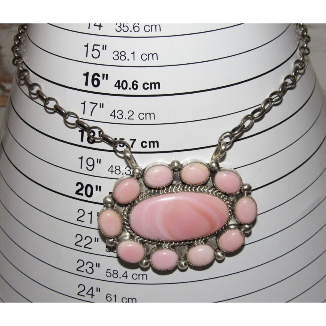 Navajo Pink Conch Shell Cluster Bar Necklace Sterling Silver