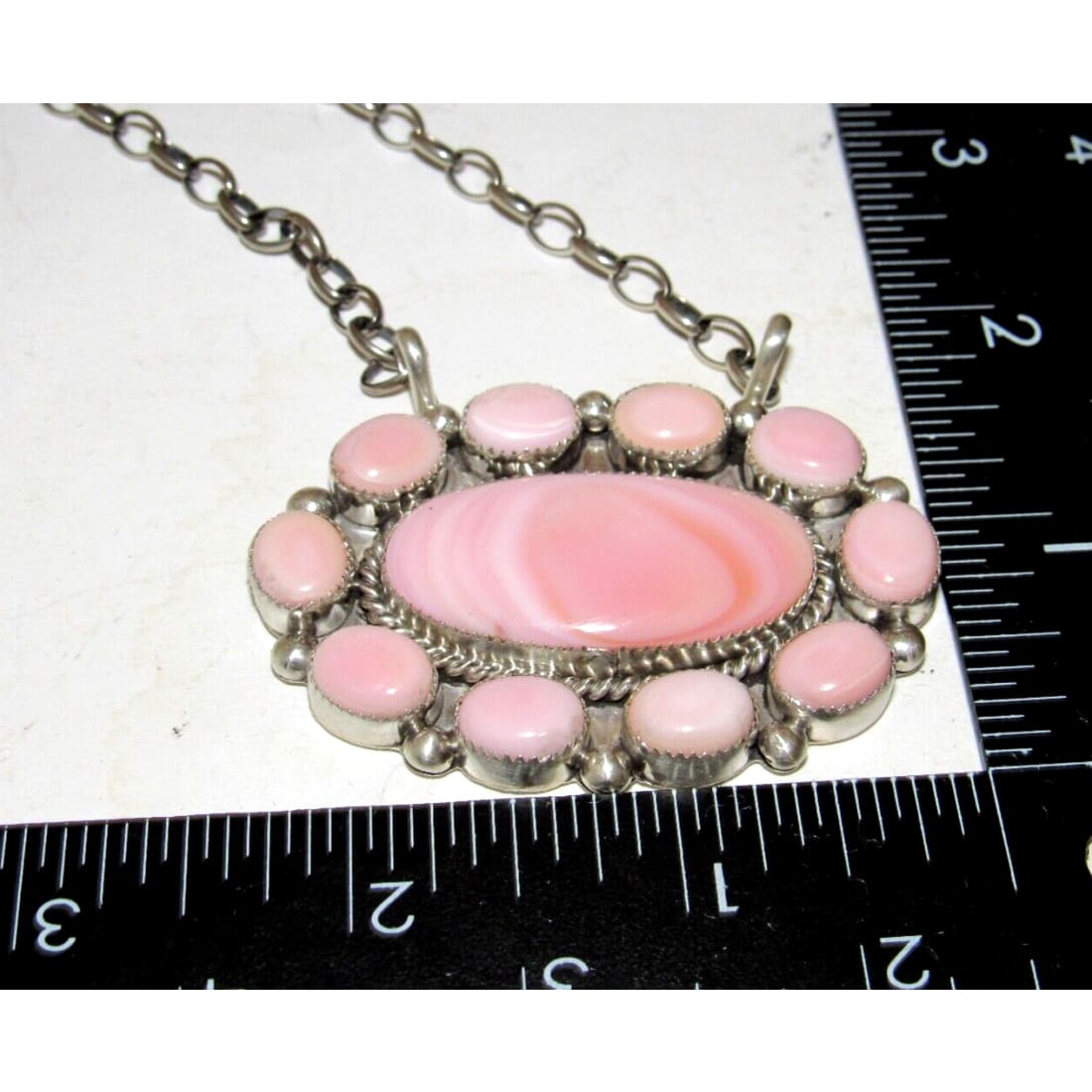 Navajo Pink Conch Shell Cluster Bar Necklace Sterling Silver