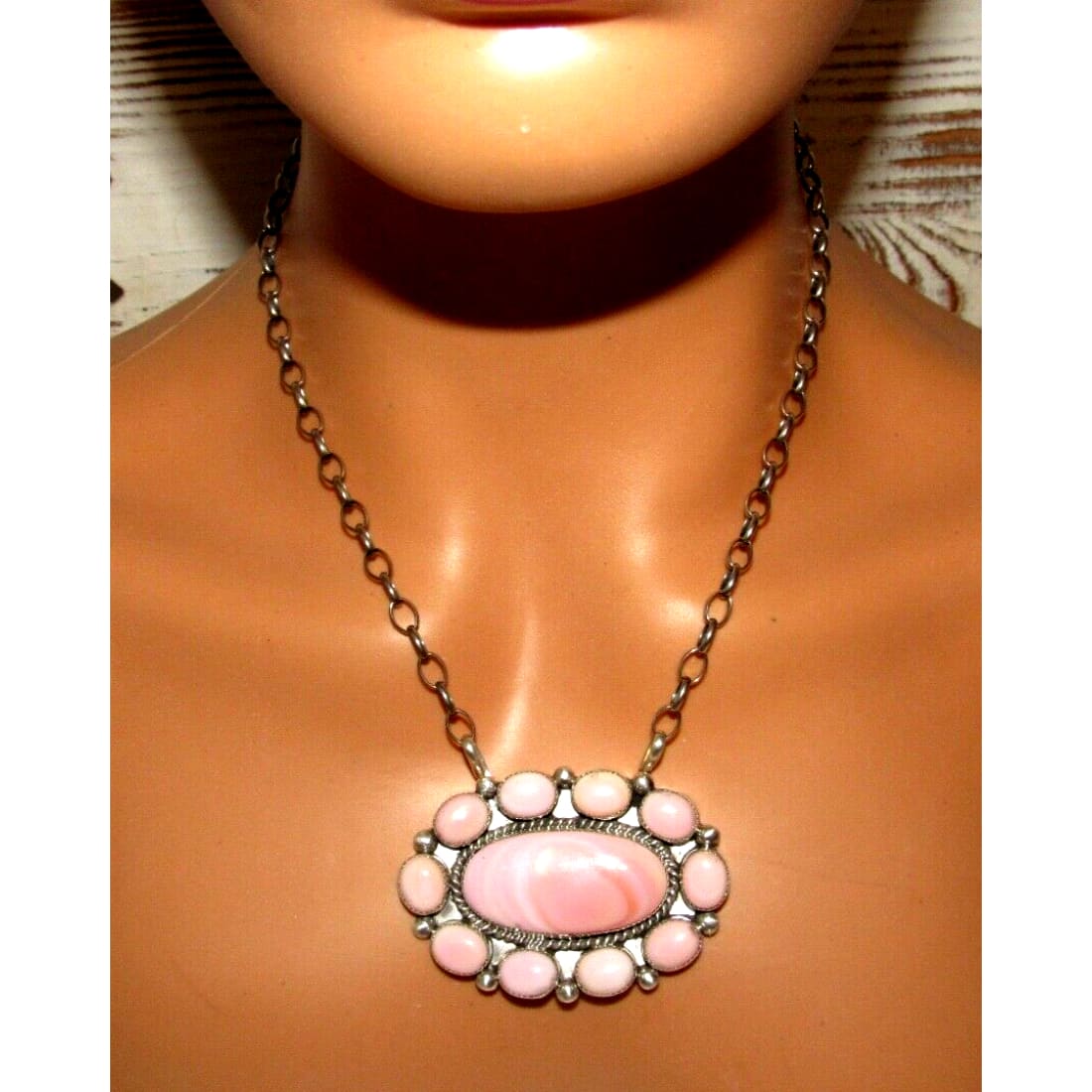 Navajo Pink Conch Shell Cluster Bar Necklace Sterling Silver