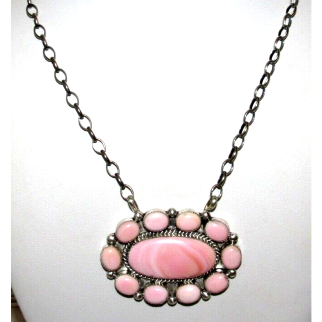 Navajo Pink Conch Shell Cluster Bar Necklace Sterling Silver