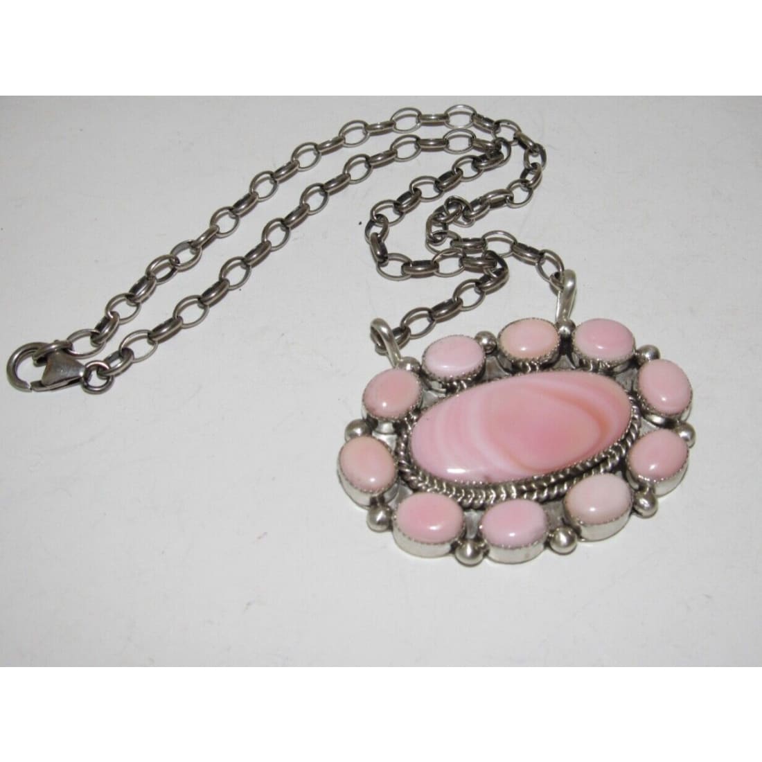 Navajo Pink Conch Shell Cluster Bar Necklace Sterling Silver