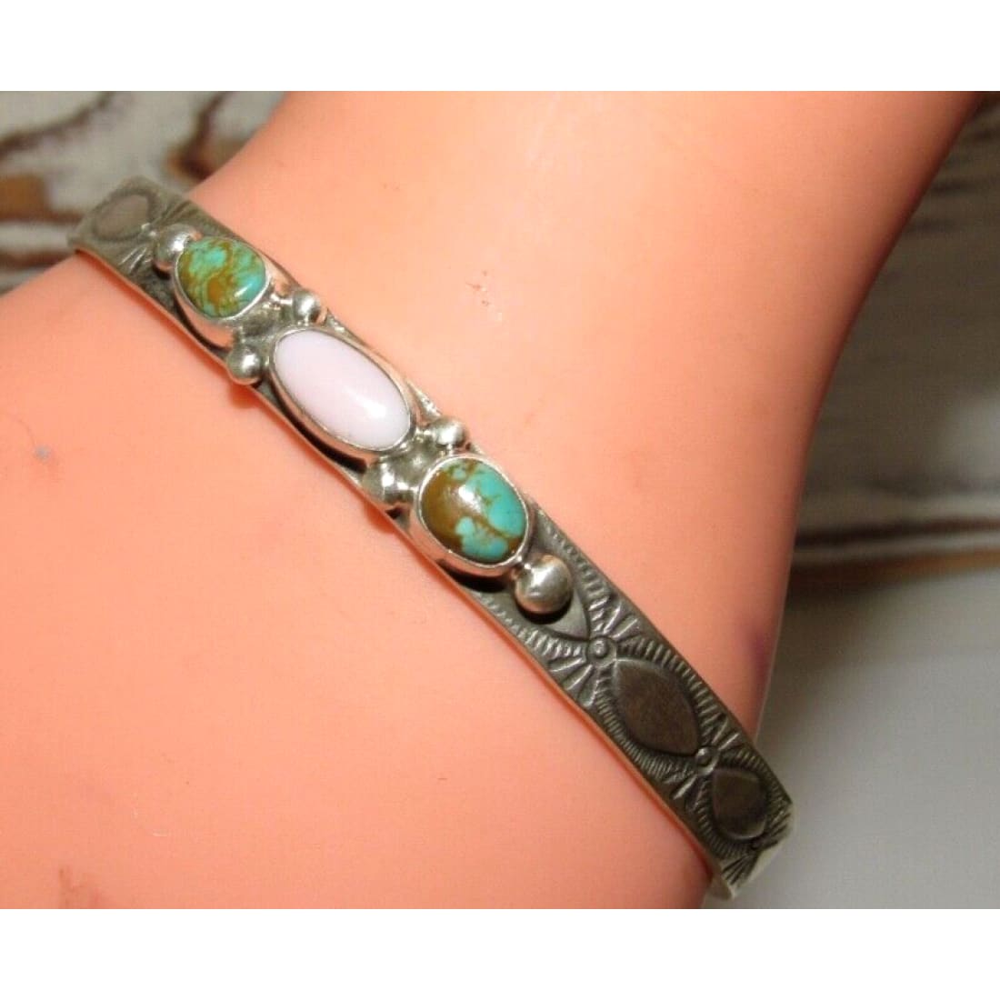 Navajo Pink Conch Turquoise Bracelet Stacker Sterling Silver