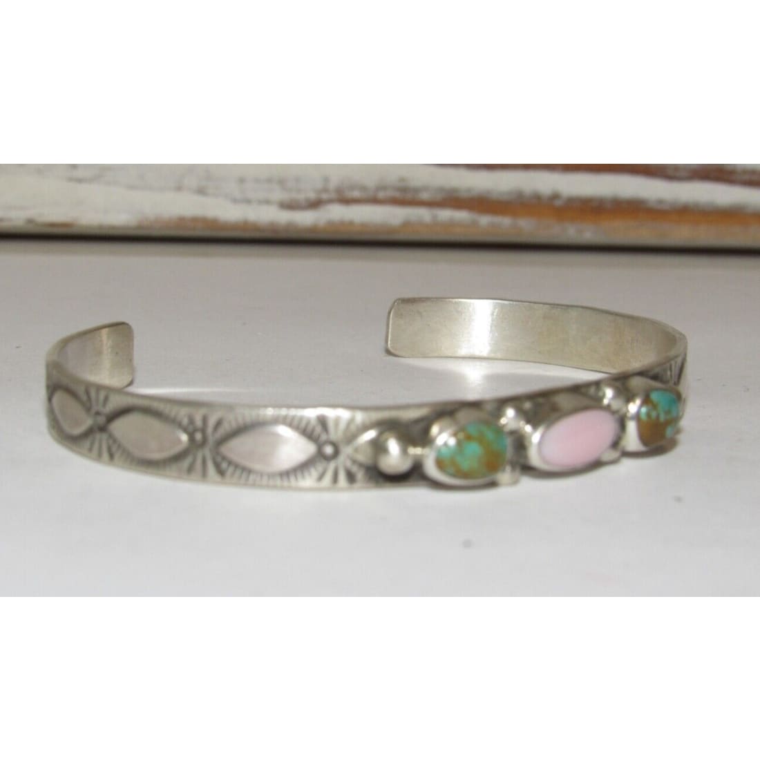 Navajo Pink Conch Turquoise Bracelet Stacker Sterling Silver