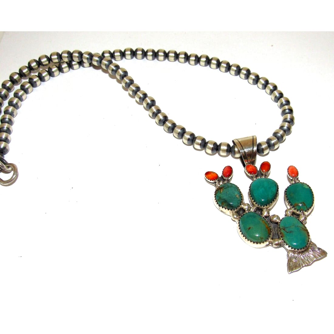 Navajo Prickly Pear Cactus Pendant Sterling Turquoise Red