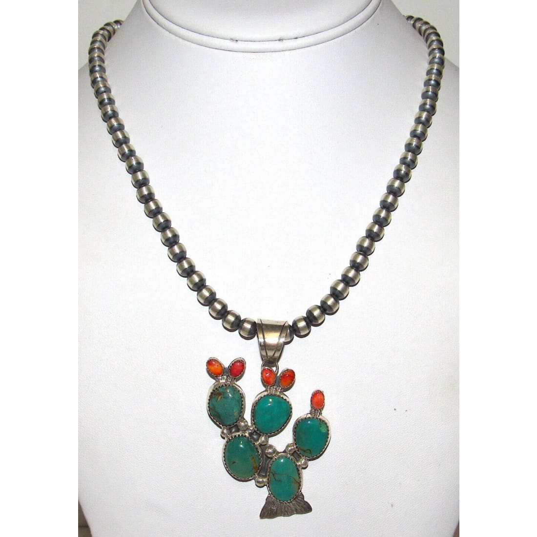 Navajo Prickly Pear Cactus Pendant Sterling Turquoise Red