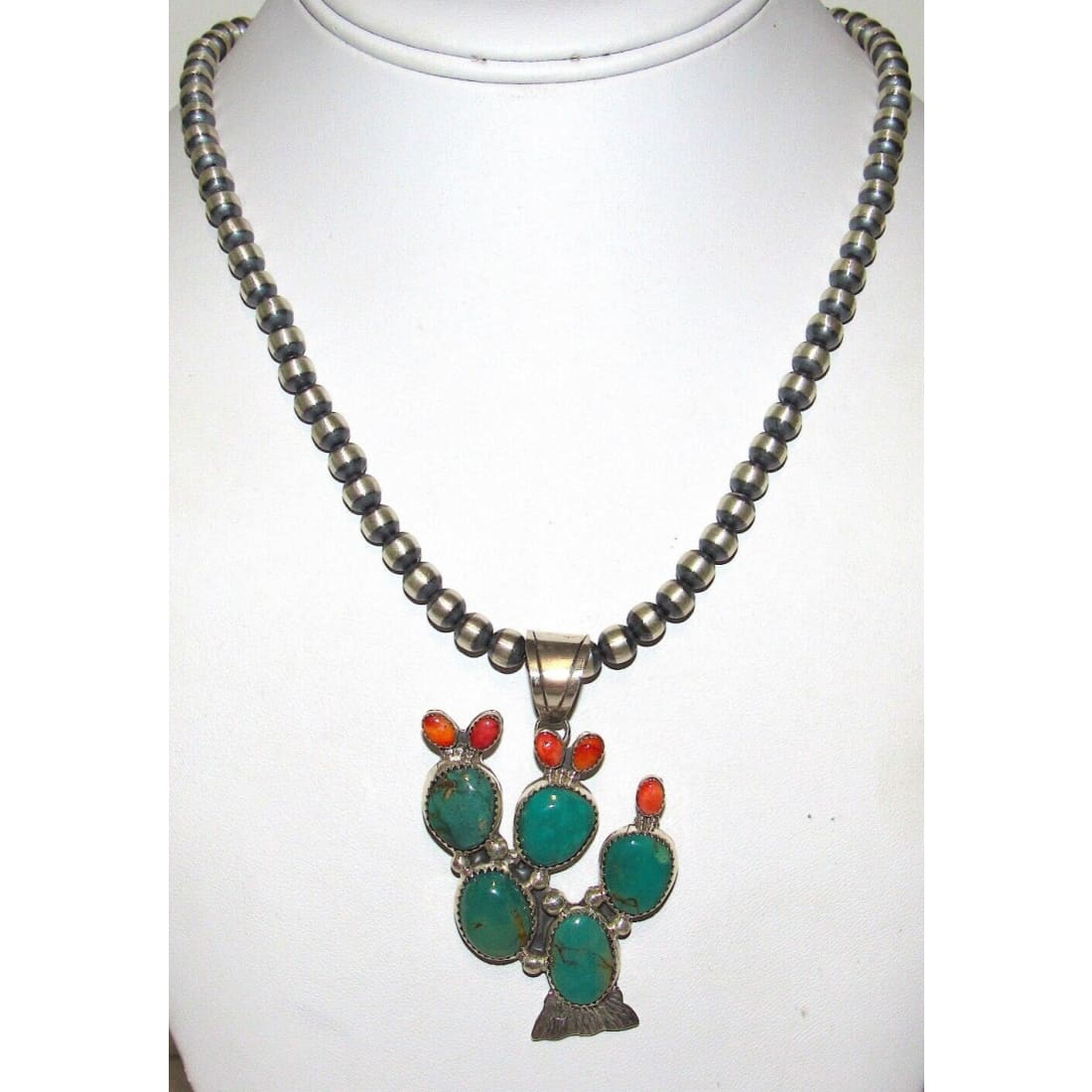 Navajo Prickly Pear Cactus Pendant Sterling Turquoise Red