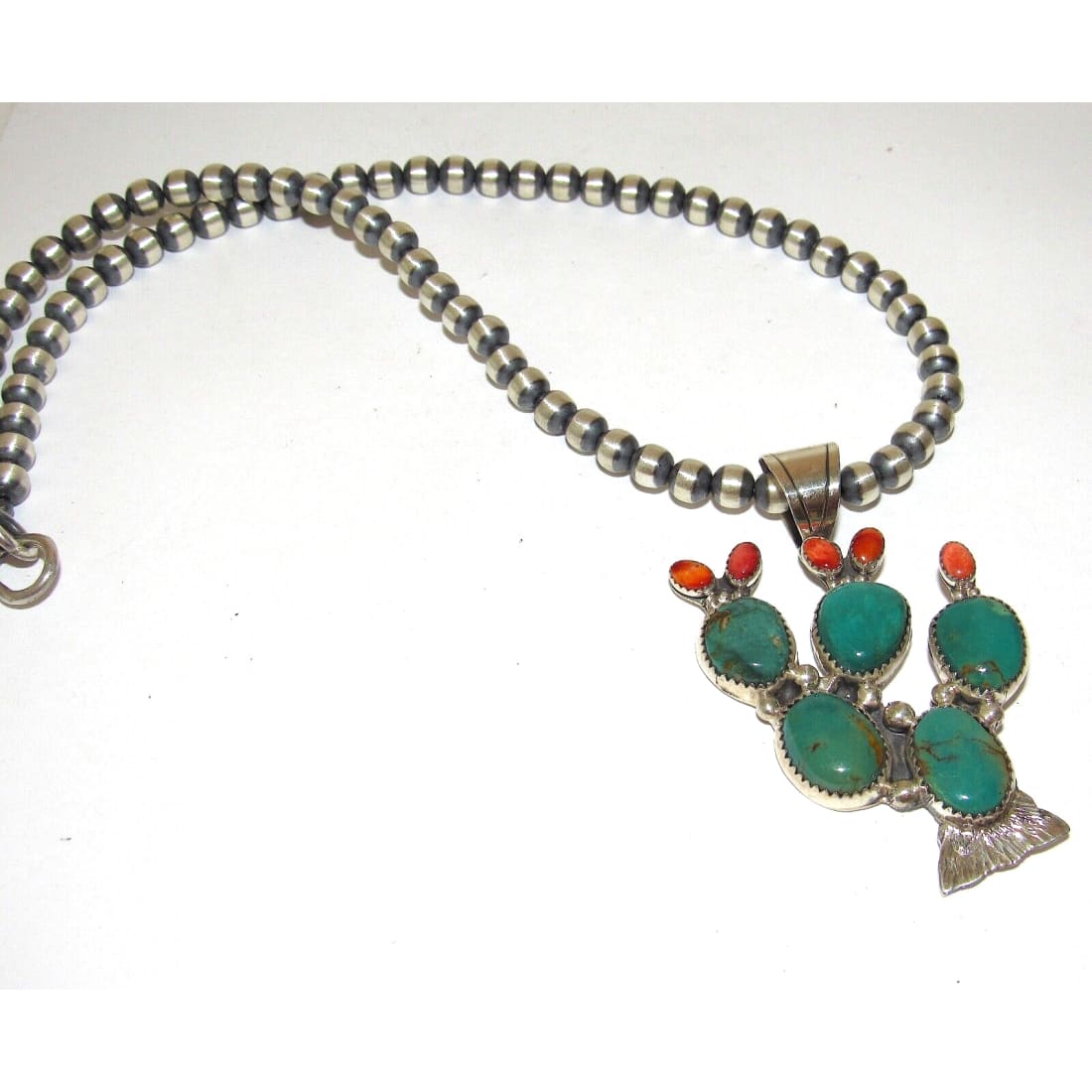 Navajo Prickly Pear Cactus Pendant Sterling Turquoise Red