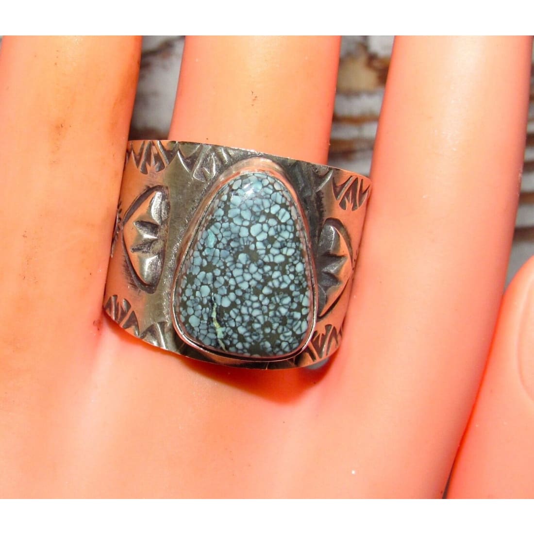 Navajo R.Willie Spiderweb Kingman Turquoise Ring Sz 14