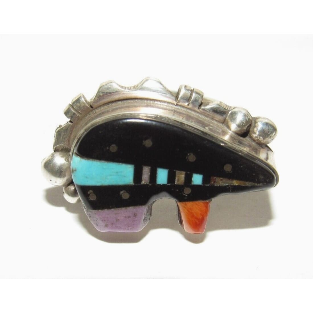 Navajo Ray Jack Turquoise Spiny Jet Inlay Bear Ring Size 8 -