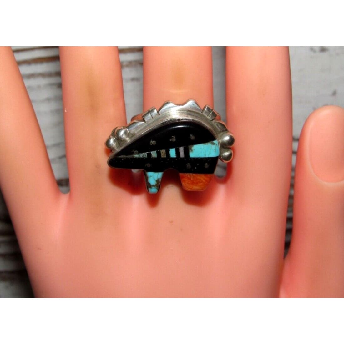 Navajo Ray Jack Turquoise Spiny Jet Inlay Bear Ring Size 8 -
