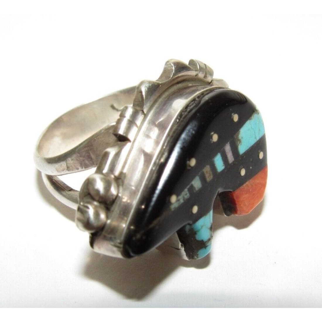 Navajo Ray Jack Turquoise Spiny Jet Inlay Bear Ring Size 8 -