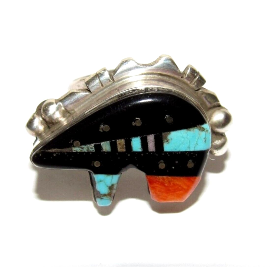 Navajo Ray Jack Turquoise Spiny Jet Inlay Bear Ring Size 8 -