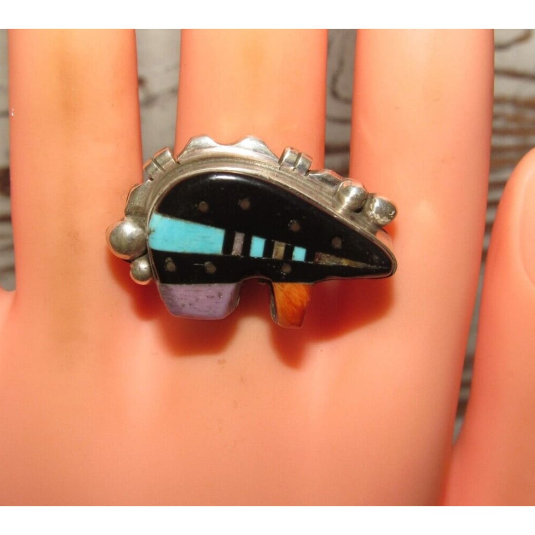 Navajo Ray Jack Turquoise Spiny Jet Inlay Bear Ring Size 8 -
