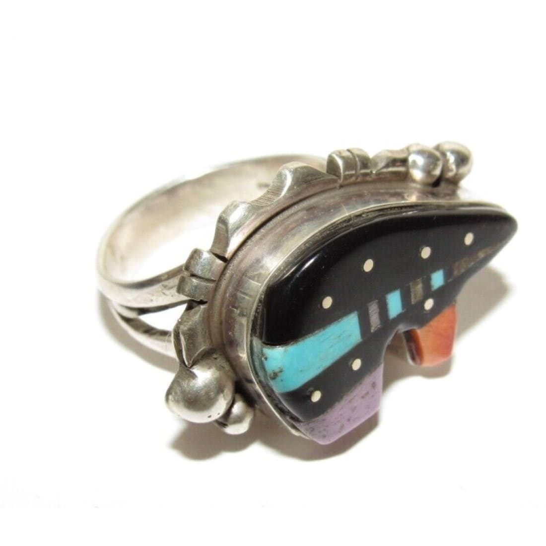 Navajo Ray Jack Turquoise Spiny Jet Inlay Bear Ring Size 8 -