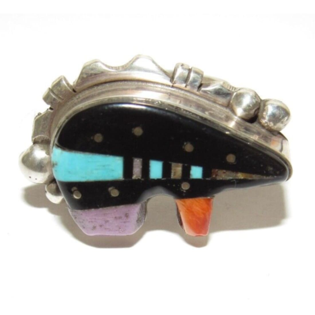 Navajo Ray Jack Turquoise Spiny Jet Inlay Bear Ring Size 8 -