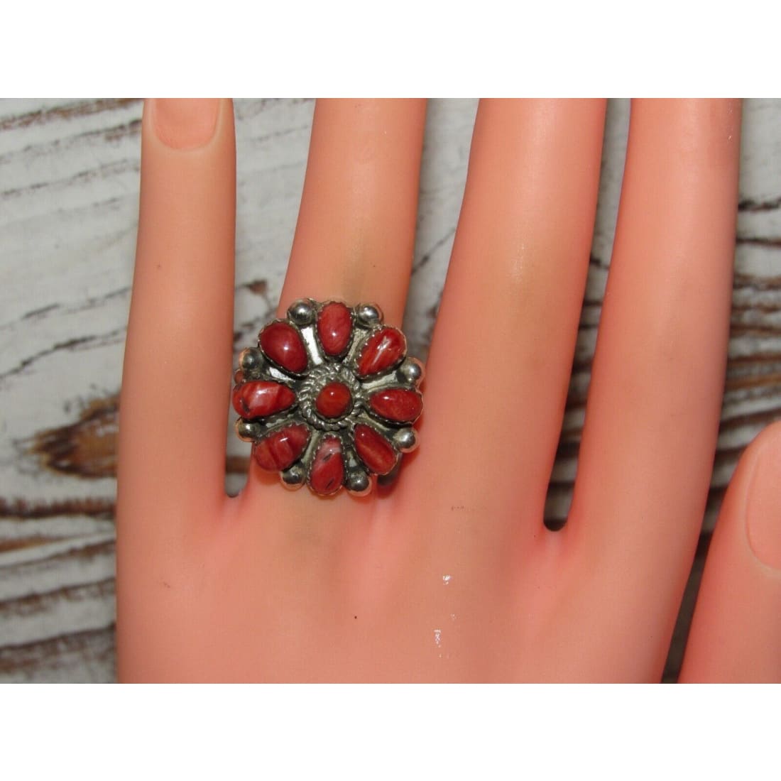 Navajo Red Orange Cluster Ring Sz 7.5 Sterling Silver M.