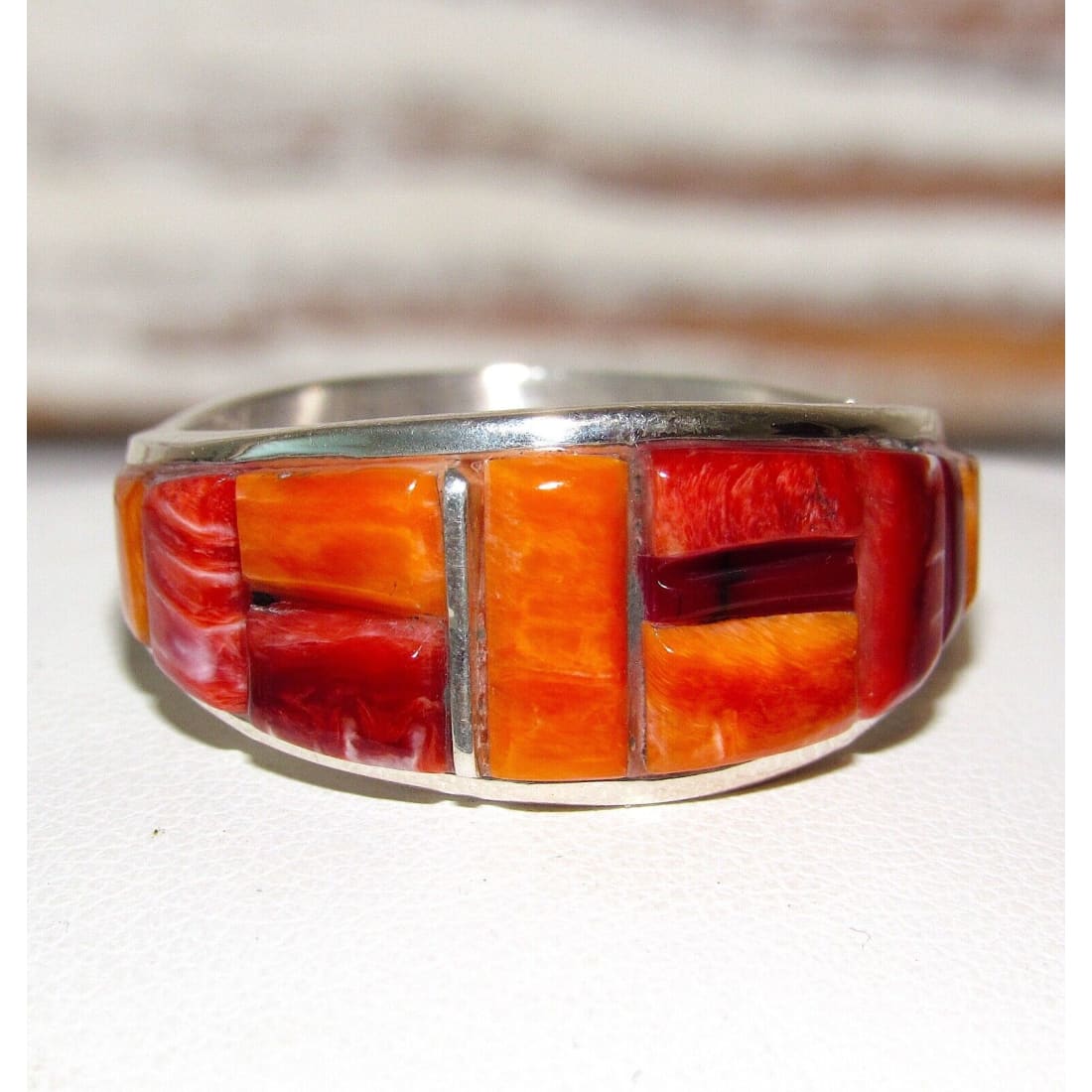 Navajo Red & Orange Spiny Cobble Inlay Ring Sz 10 Sterling