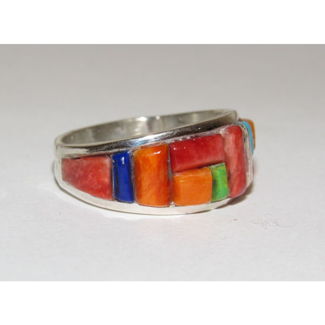 Navajo Red & Orange Spiny Cobble Inlay Ring Sz 7.5 Sterling